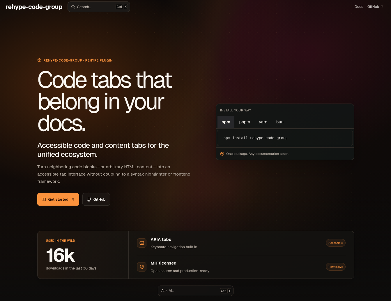 Rehype Code Group landing page showing accessible code tabs for documentation